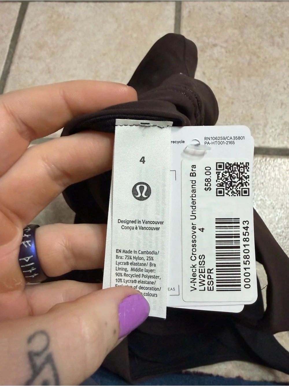 NWT Lululemon V-Neck Crossover Underband Longline Bra (Espresso) Size 4